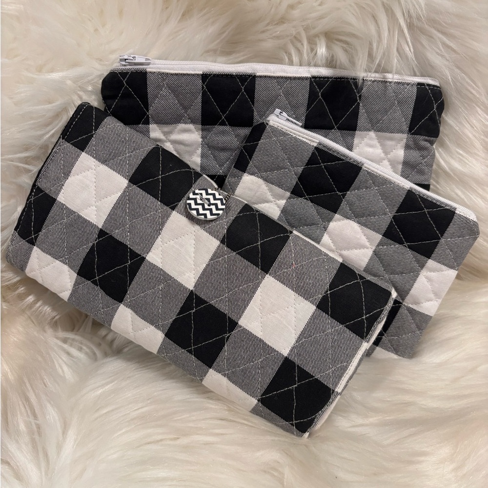 Handcrafted 3 Piece Quilted Black/White Plaid Makeup Bag Set with 12 Brushes